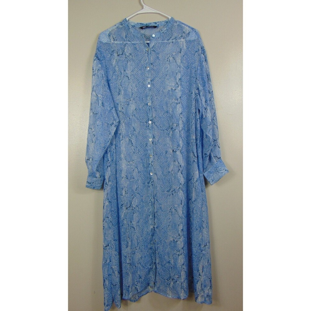 Zara Womens Small Blue Snake Print Maxi Shirt Dress Button Front Midi Sheer
